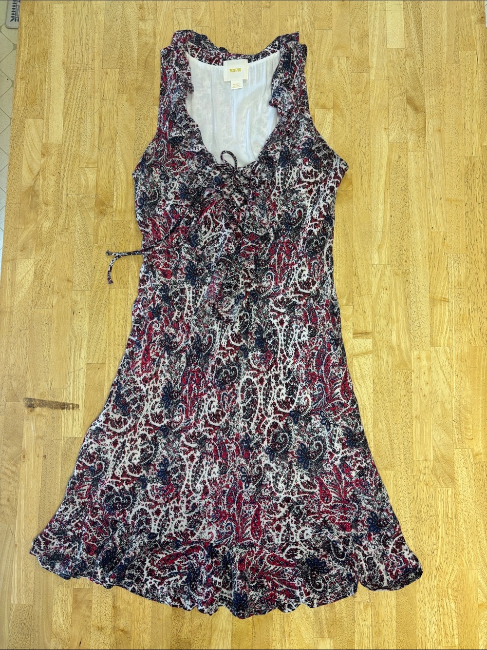 Anthropologie Maeve Winward Ruffle Boho Paisley Lace Up Dress Fit & Flare XS